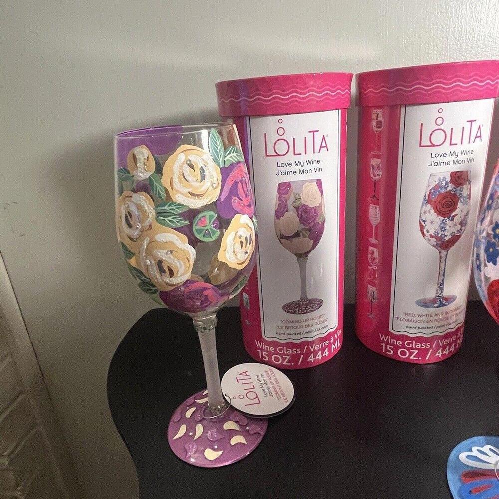 LOLITA Hand Painted Wine Glass  Purple And Yellow “Coming‎ Up Roses” - Picture 3 of 9